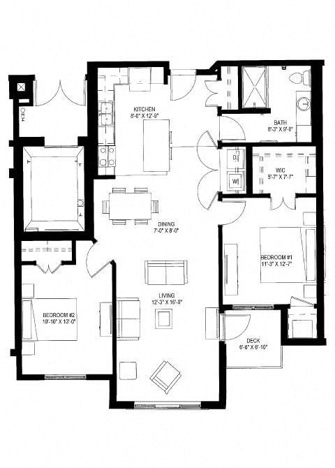Floor plan for 2 beds, 1 bath, 1126 sqft